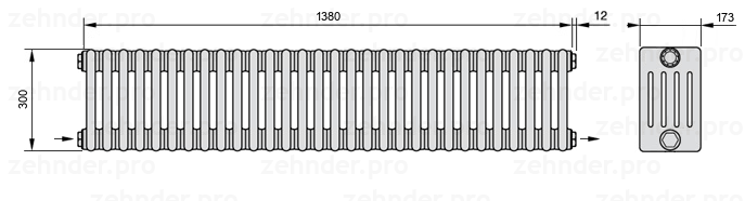 Схема (чертеж) Радиатор Zehnder Charleston 5030/30 №2670 Белый глянцевый RAL 9016